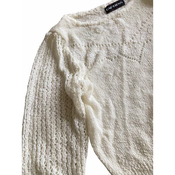 Vintage 70s 80s Boho Cottage Preppy Cream White Thin Knit Embroidered Sweater - Picture 5 of 8